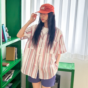 韩国大码女装胖mm夏装新品时尚竖条纹双口袋宽松短袖休闲衬衫713