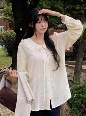 韩国代购大码女装胖mm冬装新品甜美褶皱边系带娃娃领时尚衬衫1018