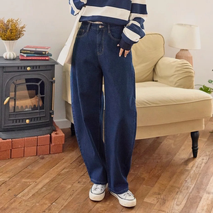 女装 纯色中腰宽松阔腿休闲牛仔裤 胖mm春装 时尚 0320 新品 韩国特大码