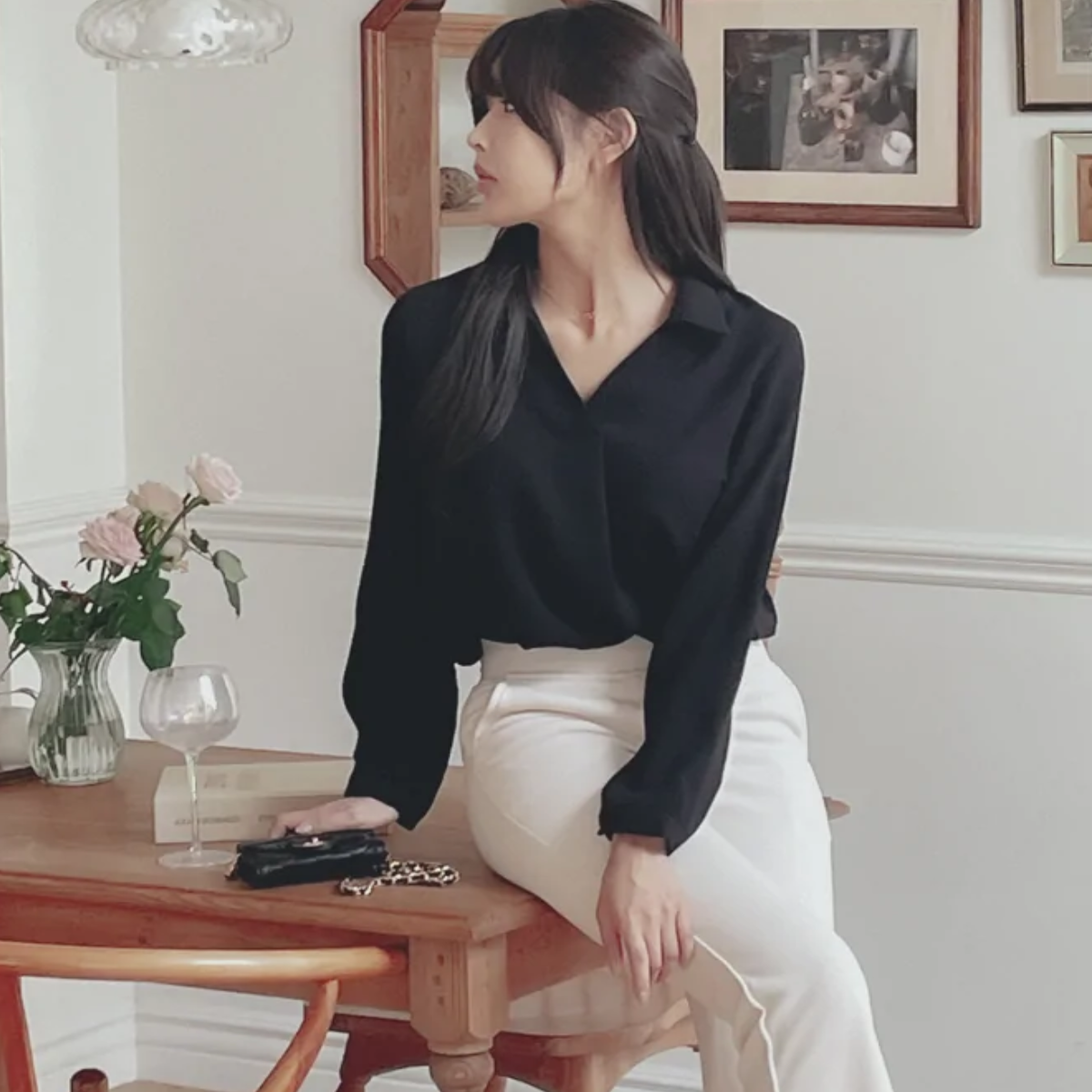 韩国大码女装胖mm冬装新品时尚纯色翻领V领通勤套头长袖衬衫1125