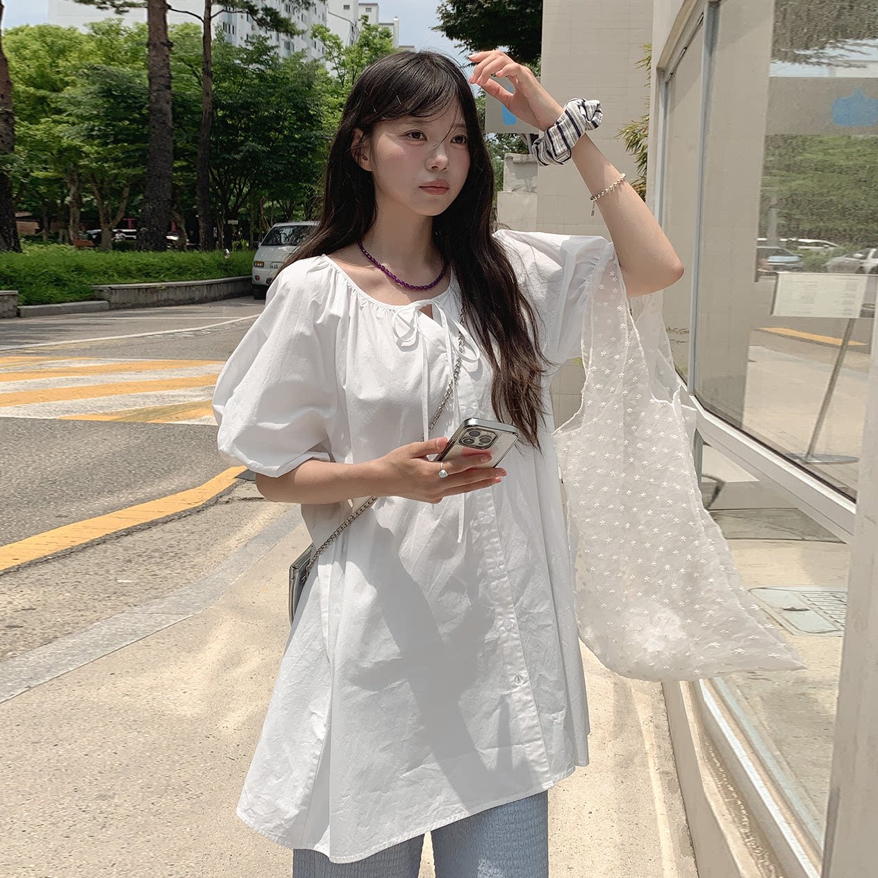 韩国特大码女装胖mm夏装新品靓丽纯色系带领宽松短袖时尚衬衫624