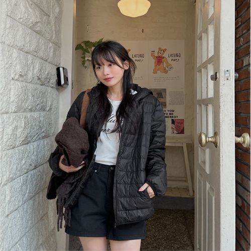 韩国特大码女装胖mm冬装新品靓丽纯色连帽压纹时尚薄羽绒外套1223