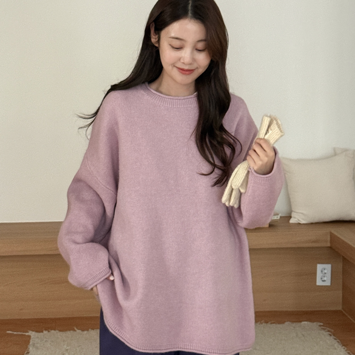 韩国大码女装胖mm冬装新品靓丽纯色圆领宽松舒适长袖针织毛衣1201