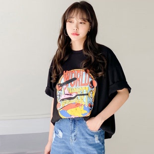 韩国特大码女装胖mm夏装新品时尚卡通飞机字母图案宽松短袖T恤706