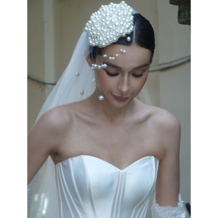 新娘头纱法式复古蕾丝珍珠头饰结婚纱礼服旅拍写真造型配饰