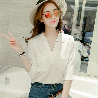 0白衬衣女中袖雪纺气质职业装