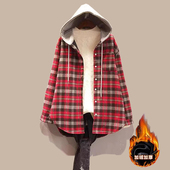 连帽格子衬衫 加厚寸衫 女外套加绒保暖上衣2023秋冬季 磨毛衬衣长袖