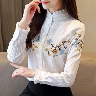 加绒加厚职业衬衣绣花立领木耳边上衣保暖 秋冬新款 纯棉衬衫 女长袖