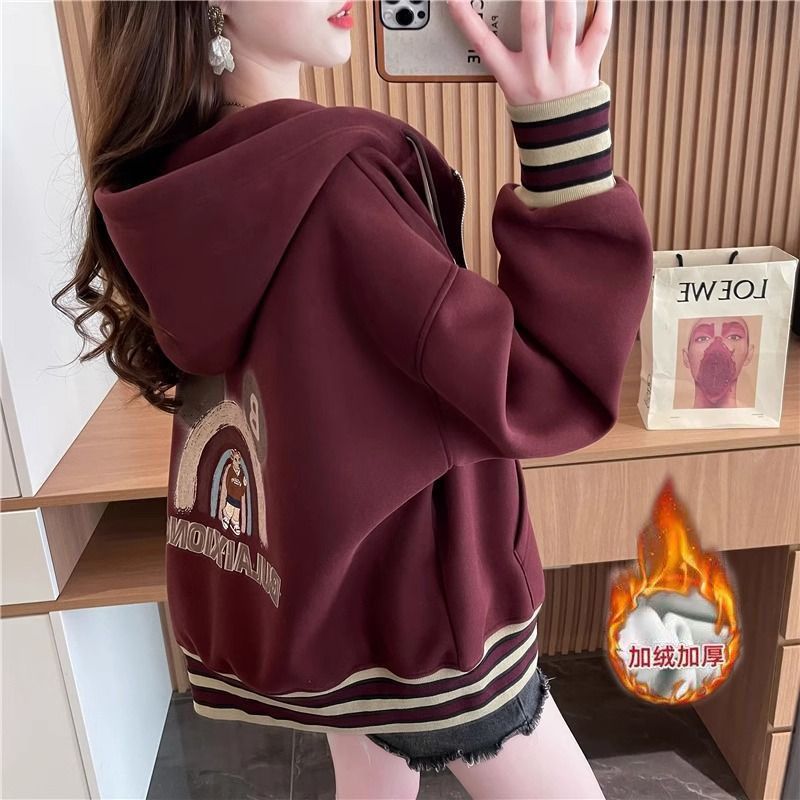 开衫外套连帽棒球服女加绒加厚