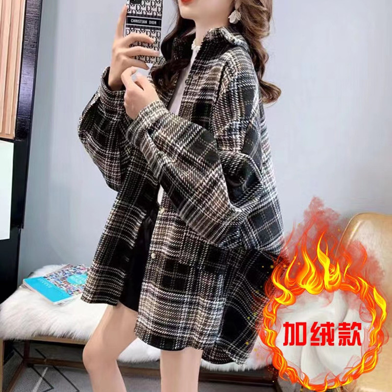 宽松韩版长袖毛呢格子衬衫
