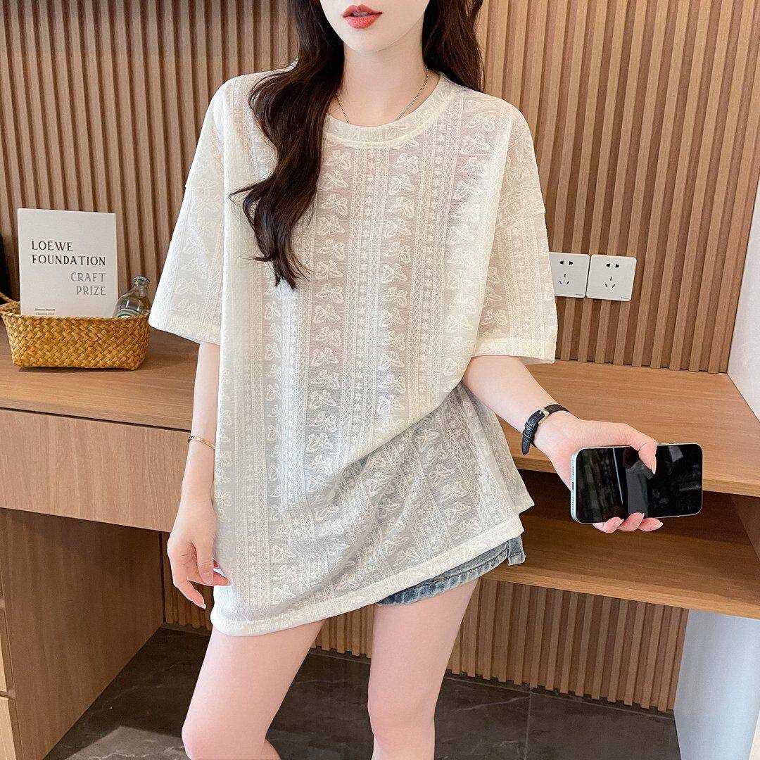 大码白色短袖t恤女夏季蕾丝镂空提花重工刺绣微透上衣罩衫中长款