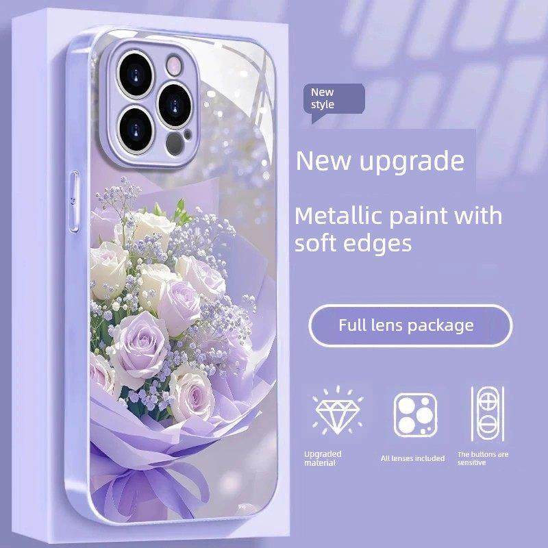 紫色玫瑰金属漆玻璃适用苹果16promax手机壳iphone15小米14华为mate60pro女Pura70新款opporeno13荣耀vivox20,3C数码配件,手机保护套/壳,淘宝优惠券,粉丝福利购,淘宝优惠卷