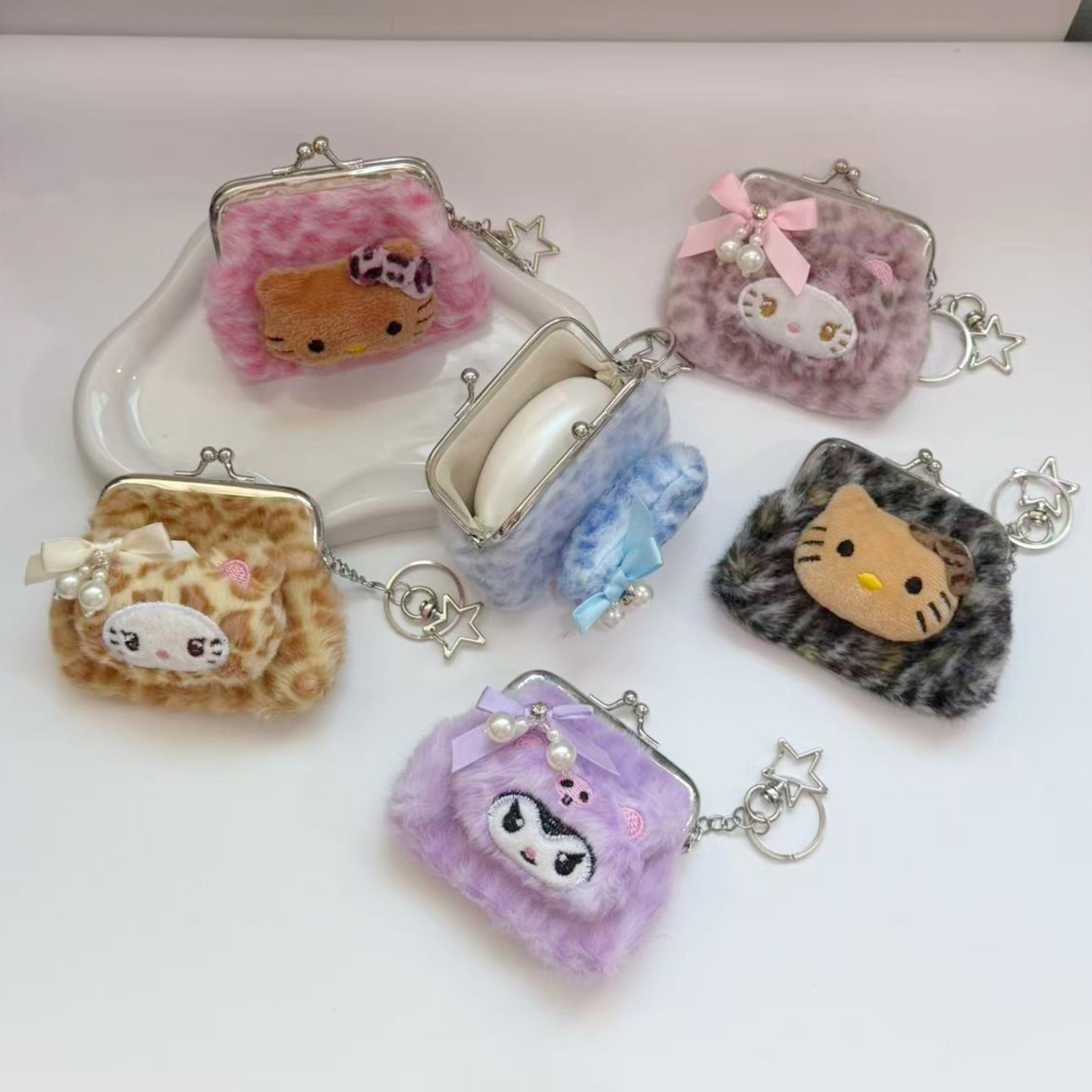 豹纹毛绒猫咪耳机零钱卡包