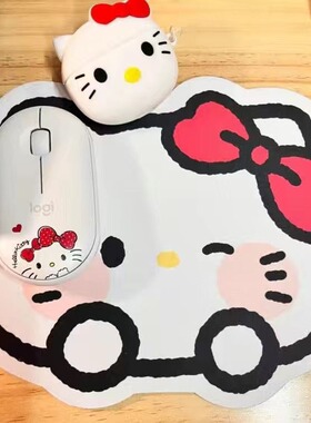可爱kt猫卡通鼠标垫白色椭圆形办公桌垫少女心KT猫硅胶学生