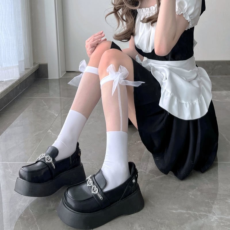 女夏薄款蝴蝶结中筒袜子镂空蕾丝