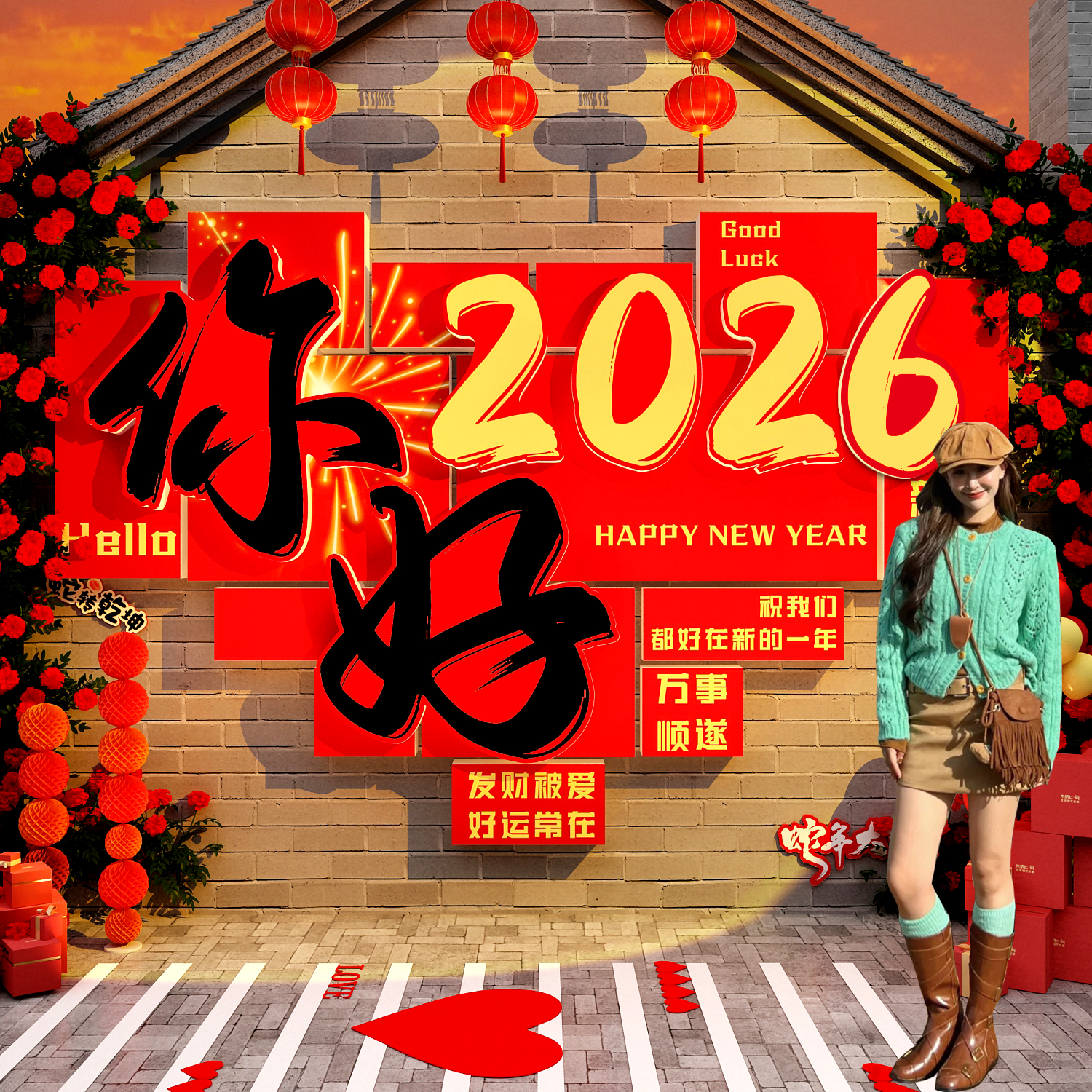 你好2026春节跨新马年墙面装饰网红打卡拍照区布置氛围场造景小院