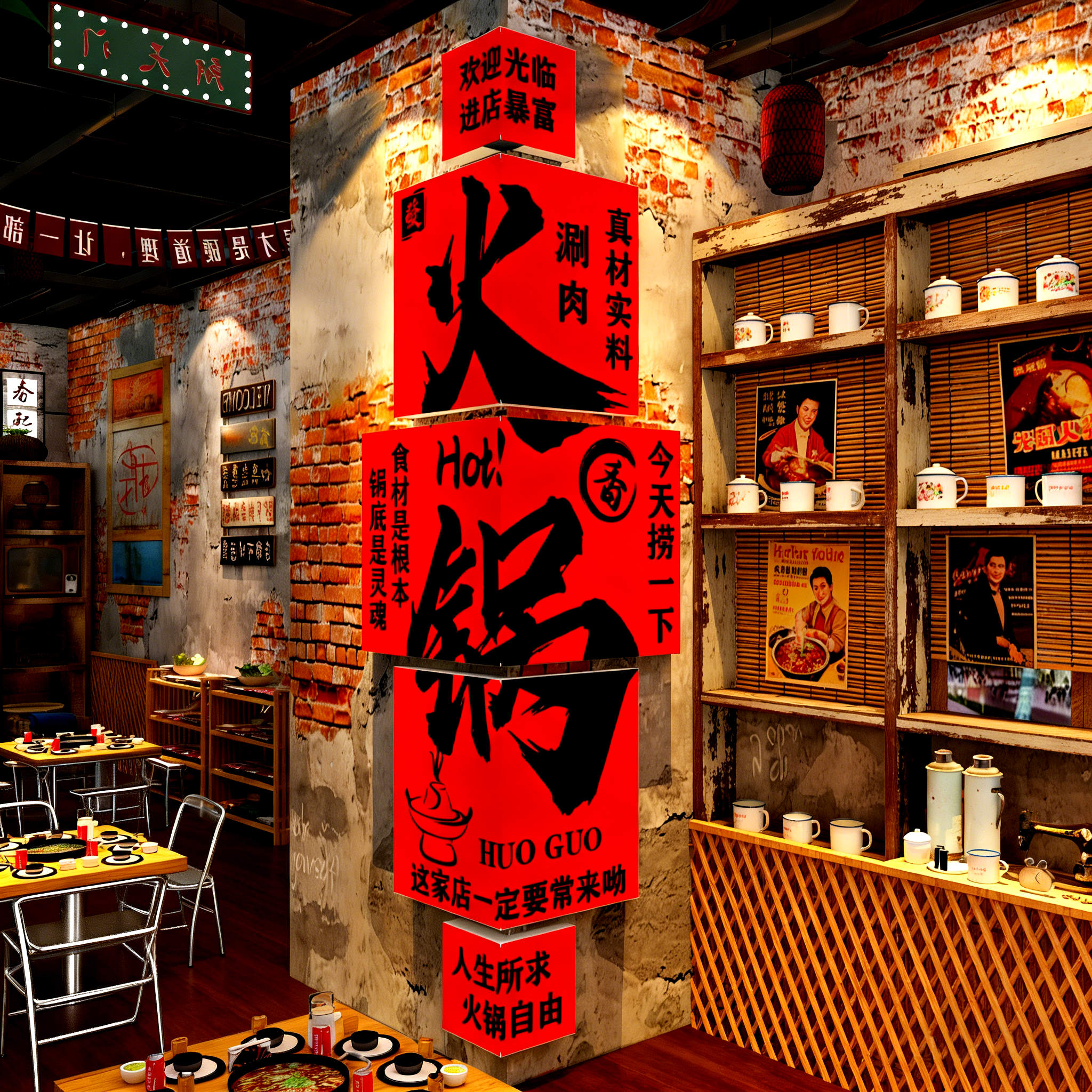 网红打卡市井风格装饰地摊火锅串破饭店墙面氛围布置餐饮重庆背景