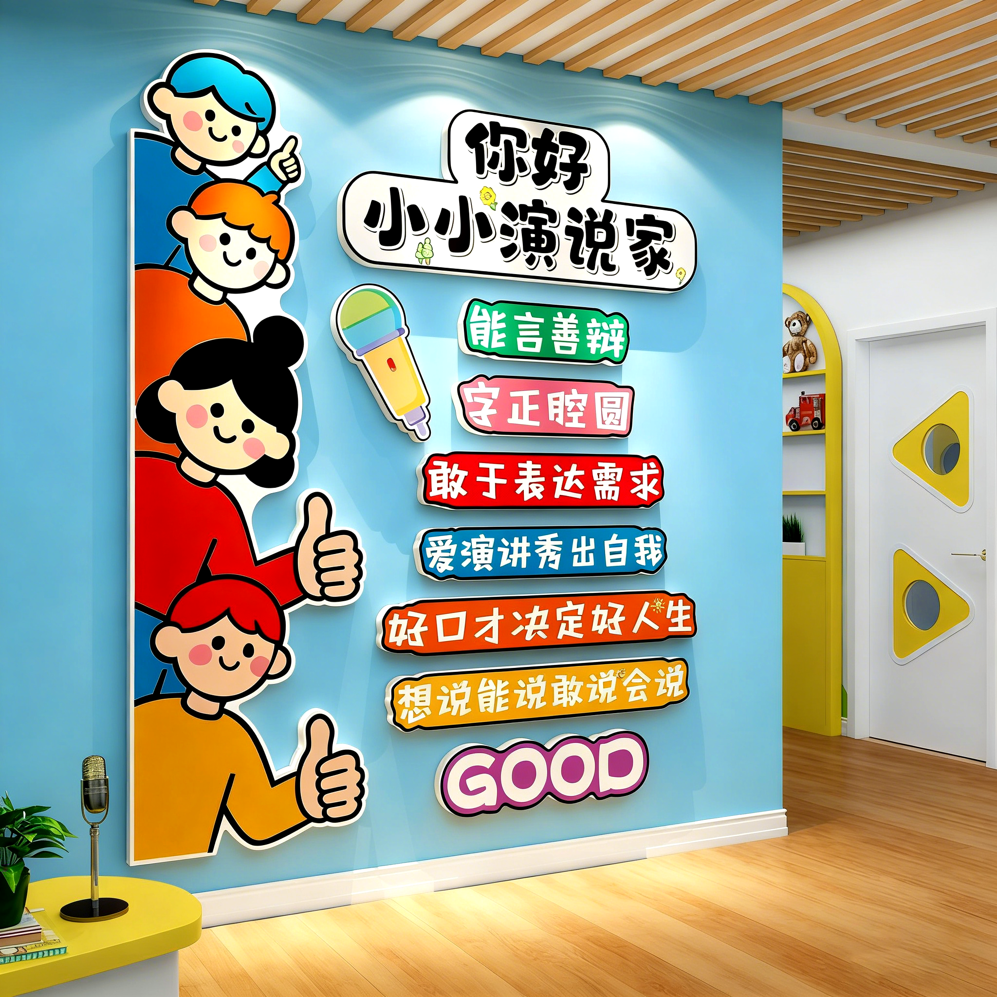 口才教室布置装饰舞台小主持背景机构文化墙面幼少儿园播音表演区