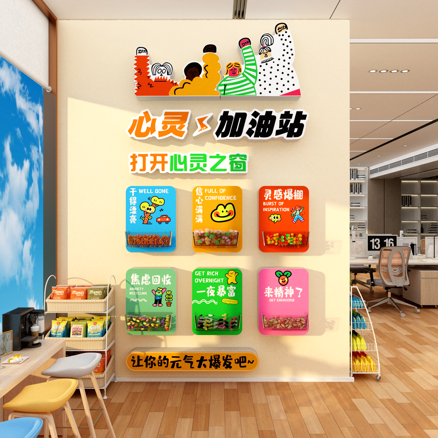 公司心灵理能量加油补给站糖果文化办公室员工茶水间布置墙面装饰