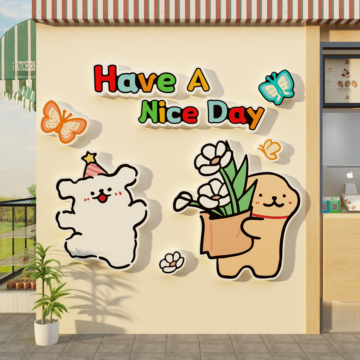 网红打卡店墙面装饰蛋糕线条小狗多巴胺造景吸引顾客神器店门口头