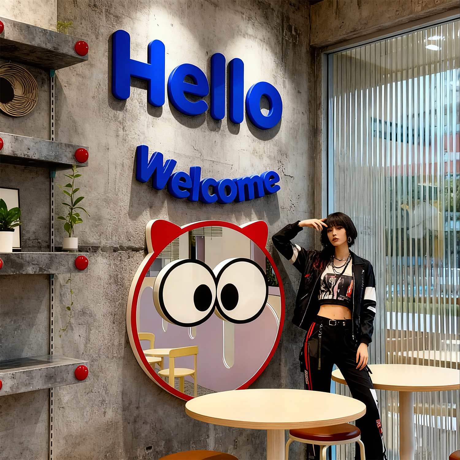 网红打卡拍照区软哈镜子氛围布置咖啡厅场景奶茶店墙壁面装饰形象