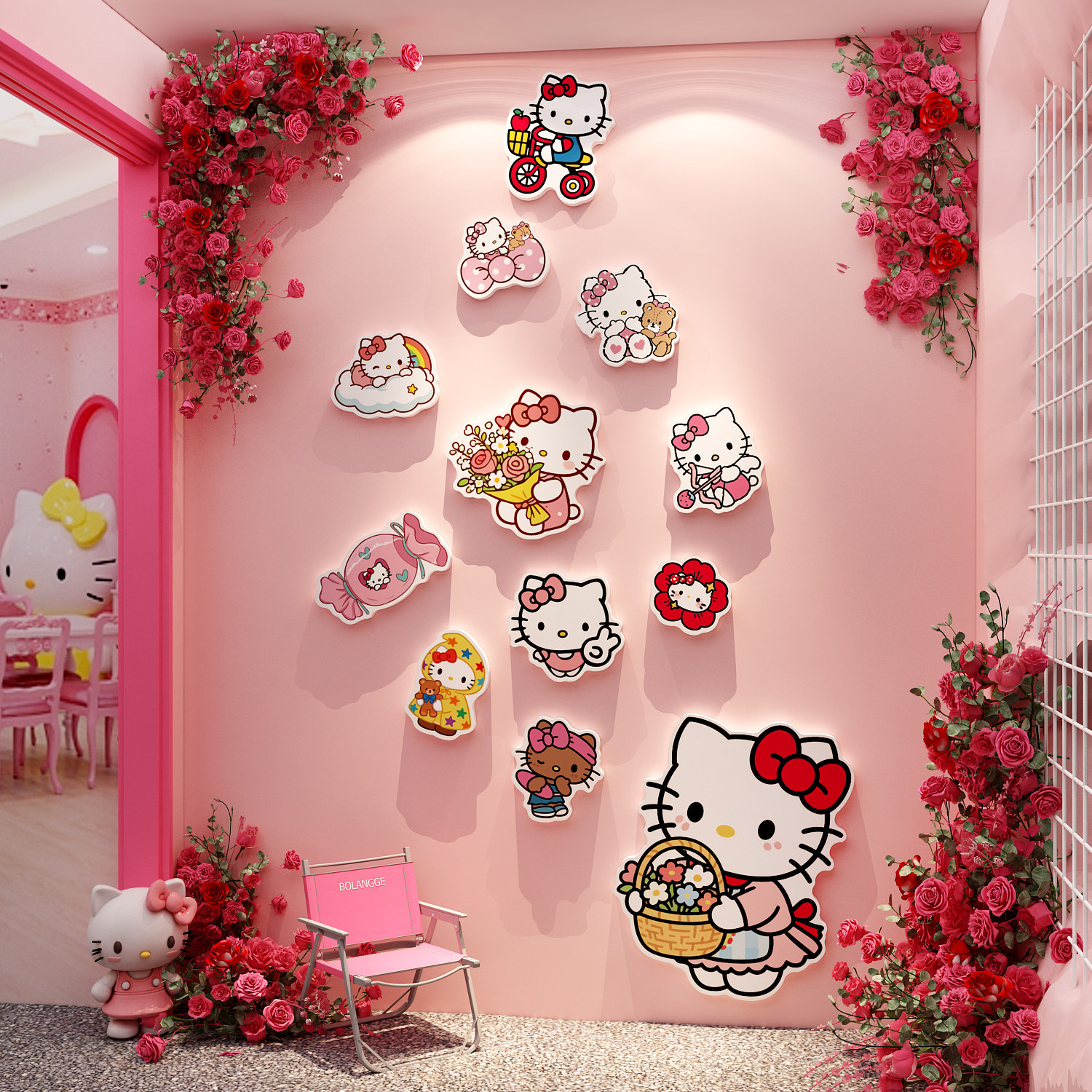 网红打卡拍照hellokitty凯蒂猫贴纸玫瑰花墙面装饰氛围布置背造景