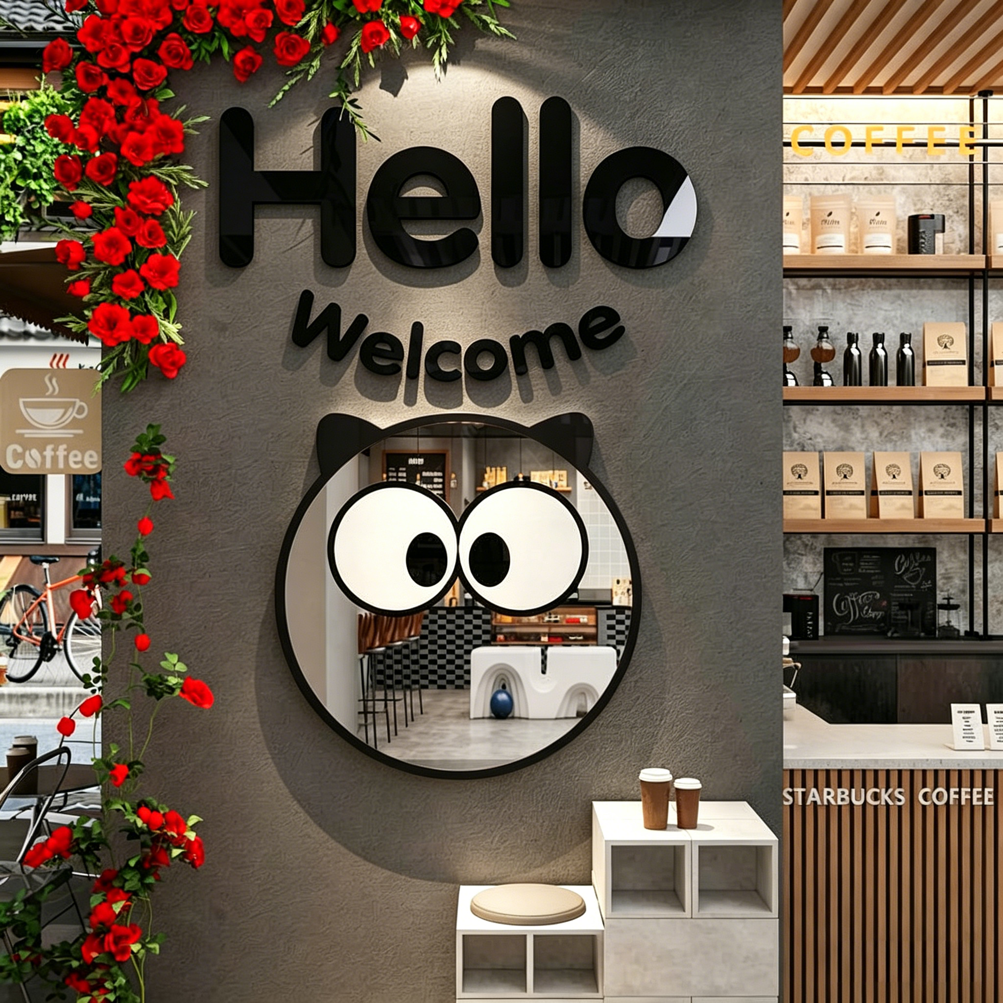 奶茶店墙壁面装饰网红打卡拍照区哈镜子氛围布置咖啡厅馆场景形象