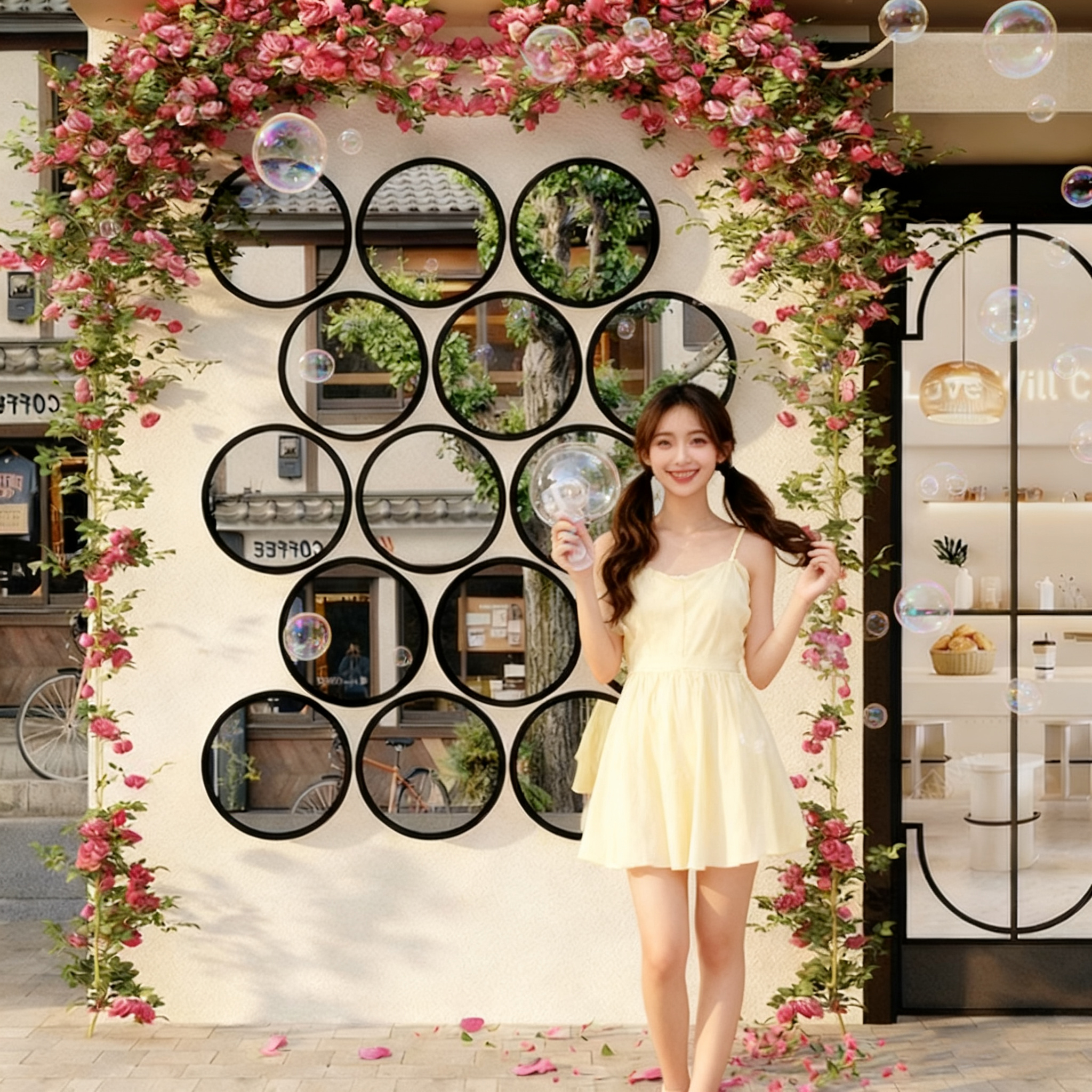 网红打卡镜子墙面装饰咖啡花奶茶店氛围布置面包造景吸引顾客神器