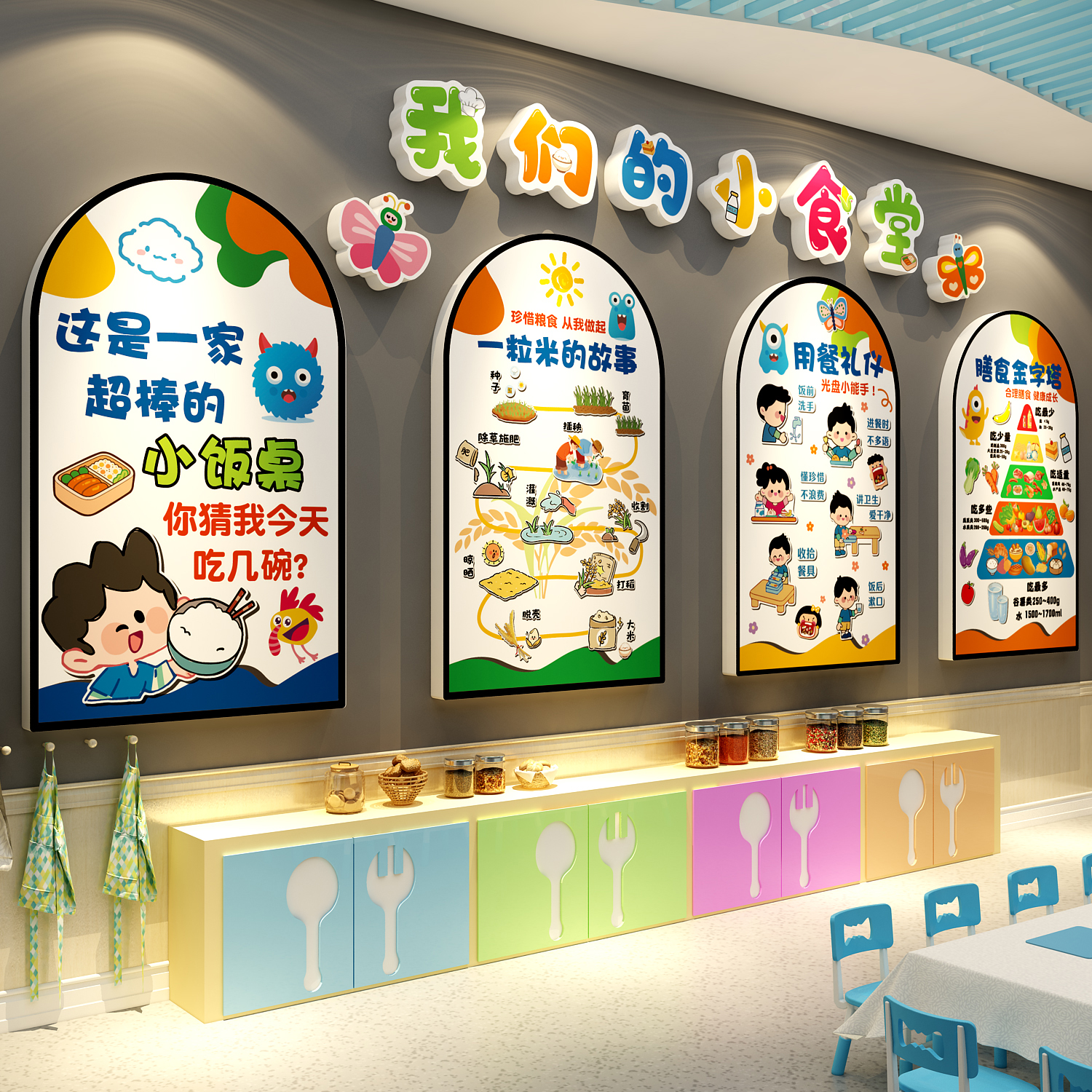 幼儿园我们小饭桌墙面装饰托管班餐厅食堂育坊文化贴厨房机构标语