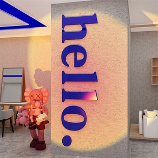 网红理发店墙面装饰品廊布置吧台形象克莱因蓝贴纸挂画Hello立体