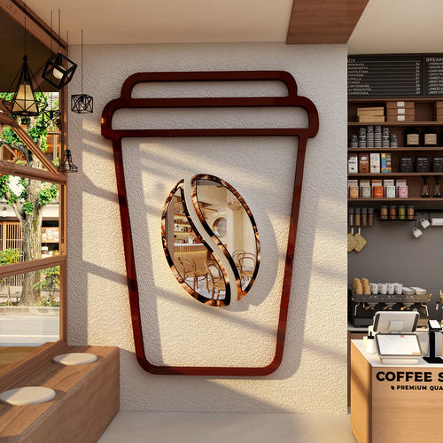 网红打卡拍照区布置咖啡杯豆镜子店门头吸引顾客神器奶茶厅角造景