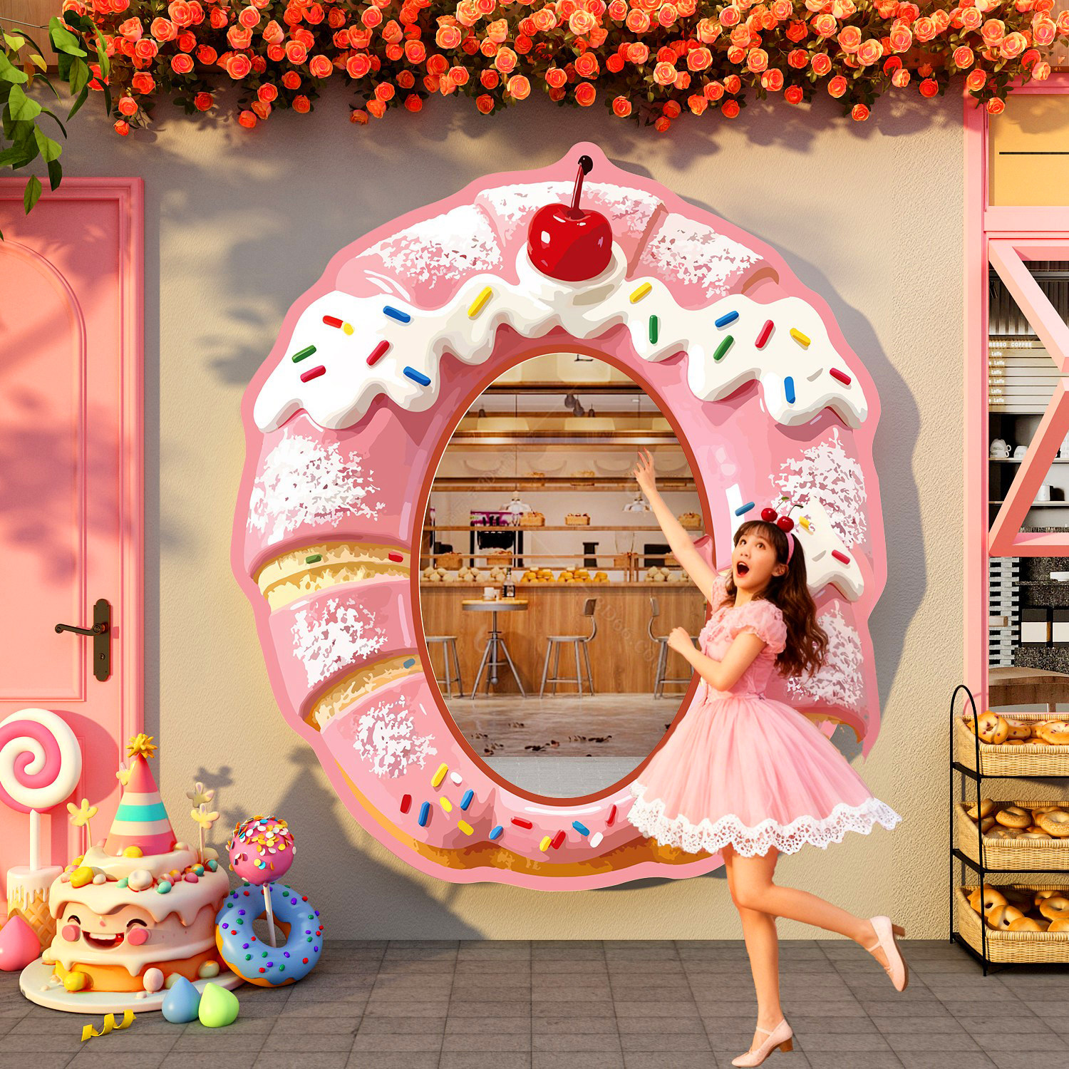 网红打卡面包造型镜子蛋糕店墙装饰烘焙场景氛围布置吸引顾客神器