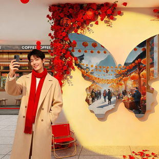 2026过新马年元旦网红打卡造景氛围布置蝴蝶镜子玫瑰花墙面装饰