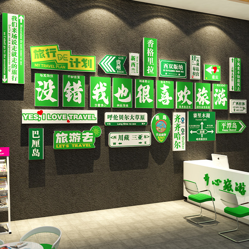 网红旅行社前台办公司室墙面装饰团门店文化氛围布置形象背景贴纸 - 实物图