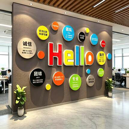 企业文化办公室墙面装饰司布置外贸hello励志标语高级感进门形象