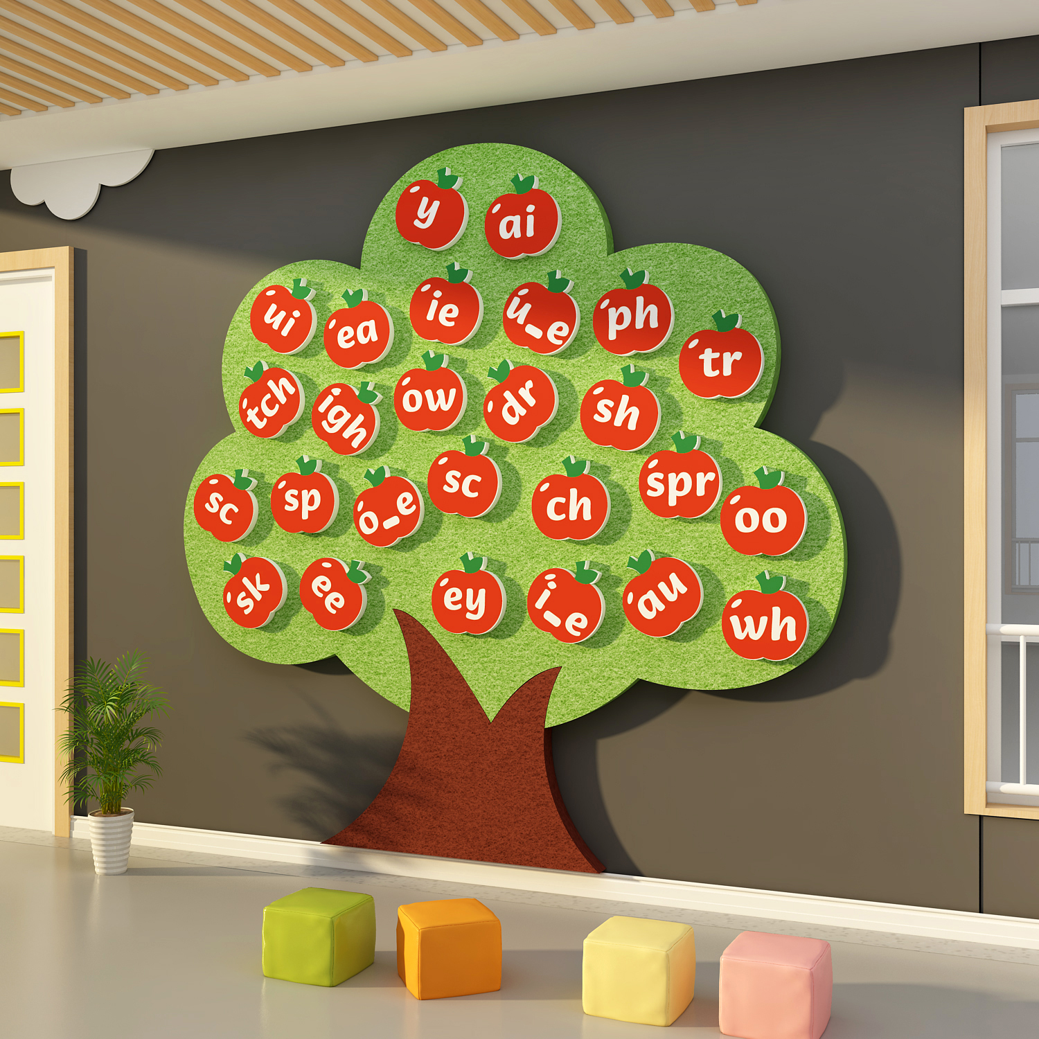 毛毡板贴幼儿园照片墙面装饰环创托管机构苹果树英语教室班级文化
