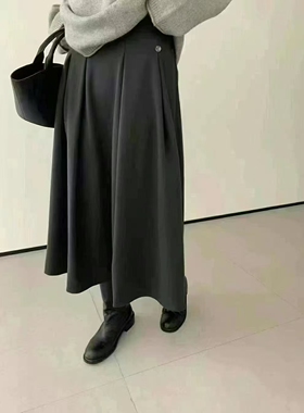 2025秋冬新款女装黑色高腰显瘦百褶裙女加厚毛呢中长款A字裙伞裙