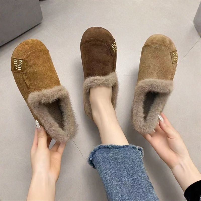 冬季新款复古平底豆豆鞋加绒棉鞋