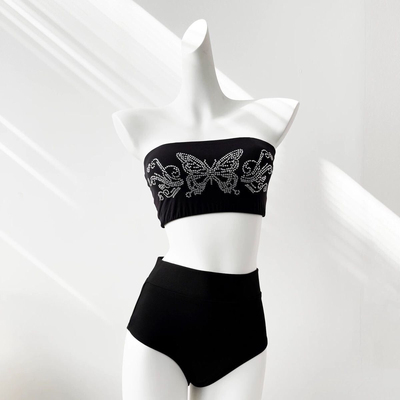 蝴蝶烫钻抹胸heels防走光短上衣jazz高弹性感黑色裹胸内衣爵士舞