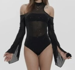 黑暗荣耀连体衣超长袖细闪露肩黑丝上衣heels显腿长舞蹈穿