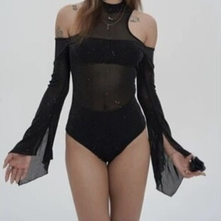 黑暗荣耀连体衣超长袖细闪露肩黑丝上衣heels显腿长舞蹈穿