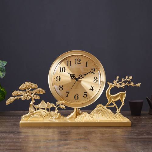 黄铜创意座钟客厅家用静音台式桌面时钟摆台式玄关摆件石英钟台钟