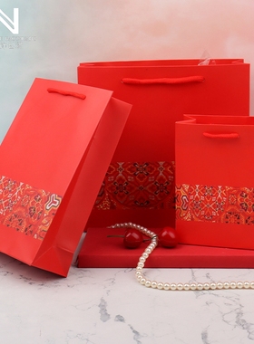 珠宝首饰手提袋饰品收纳包装袋红色民族风礼品袋喜庆纸袋方形 F13