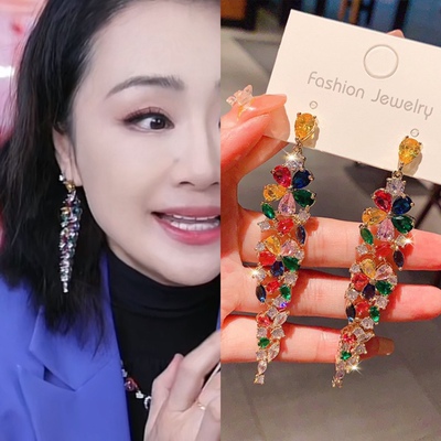 曹颖同款新款重工轻奢高级感长款小众水晶花朵耳环时尚气质个性