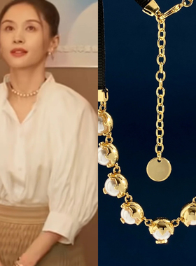 玫瑰丛生王子文同款复古项圈颈链女金色饰面珍珠缎纹织带叠戴项链