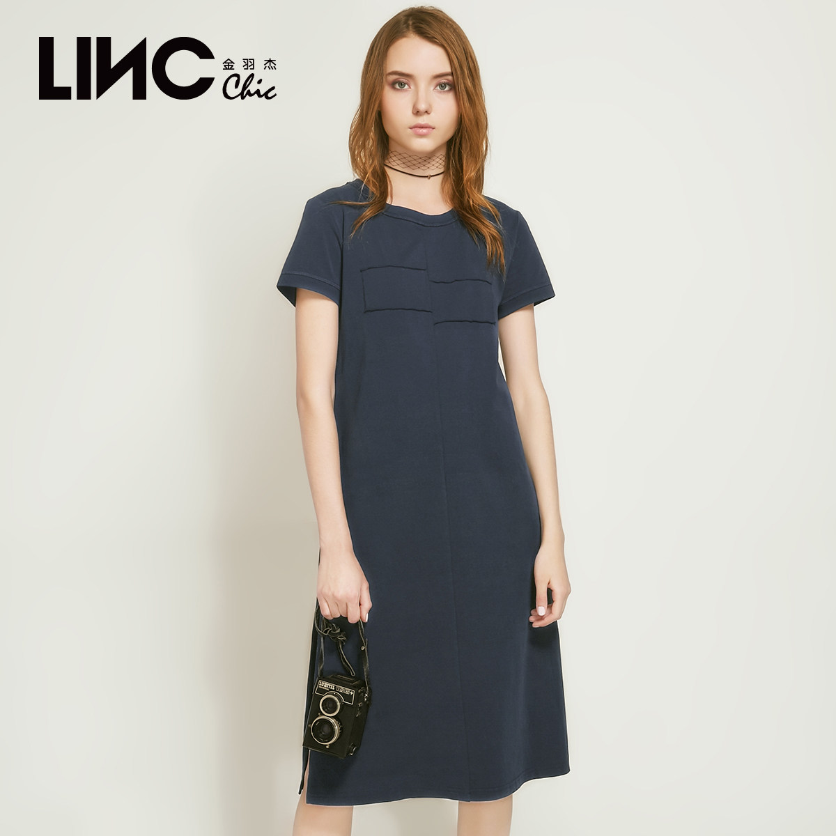 断码清仓LINC金羽杰2023年夏秋新款女装短袖连衣裙女圆领宽松长裙