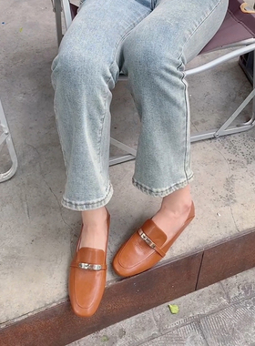 唐长老手工鞋 单鞋女平底一字金属扣低帮秋真皮圆头一脚蹬乐福鞋