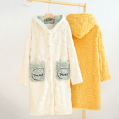 刺绣有口袋字母 加肥开衫 秋冬法兰绒睡裙加长款 珊瑚绒连帽浴袍大码