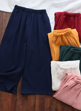 纯棉绉布水洗棉双层纱布睡裤女夏七分阔腿大码加肥家居中裤休闲色