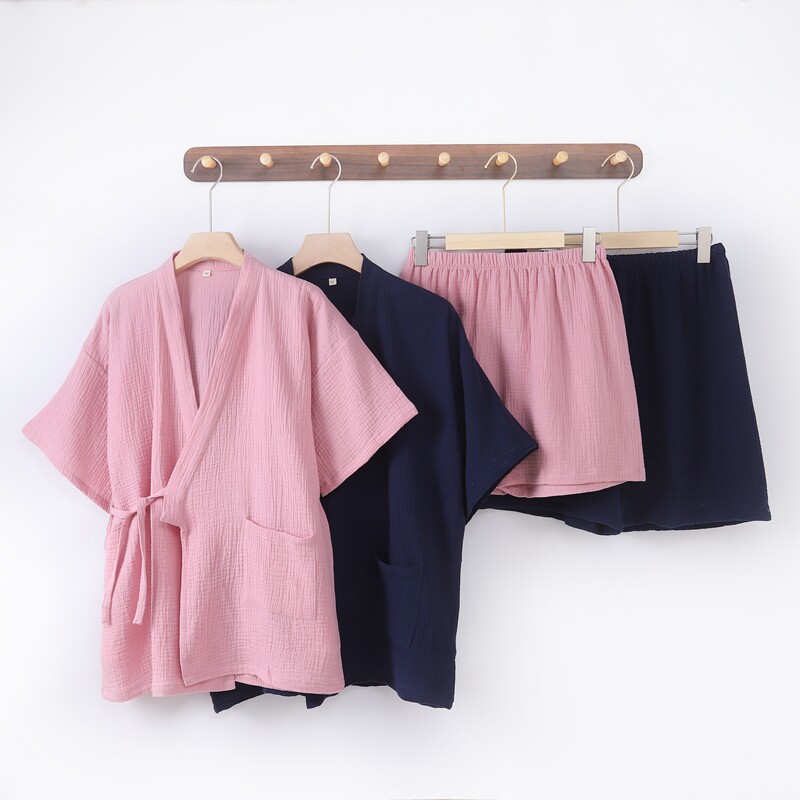 情侣男夏季纯棉双层纱布和服睡衣女短袖短裤全棉绉布开衫纯色系带